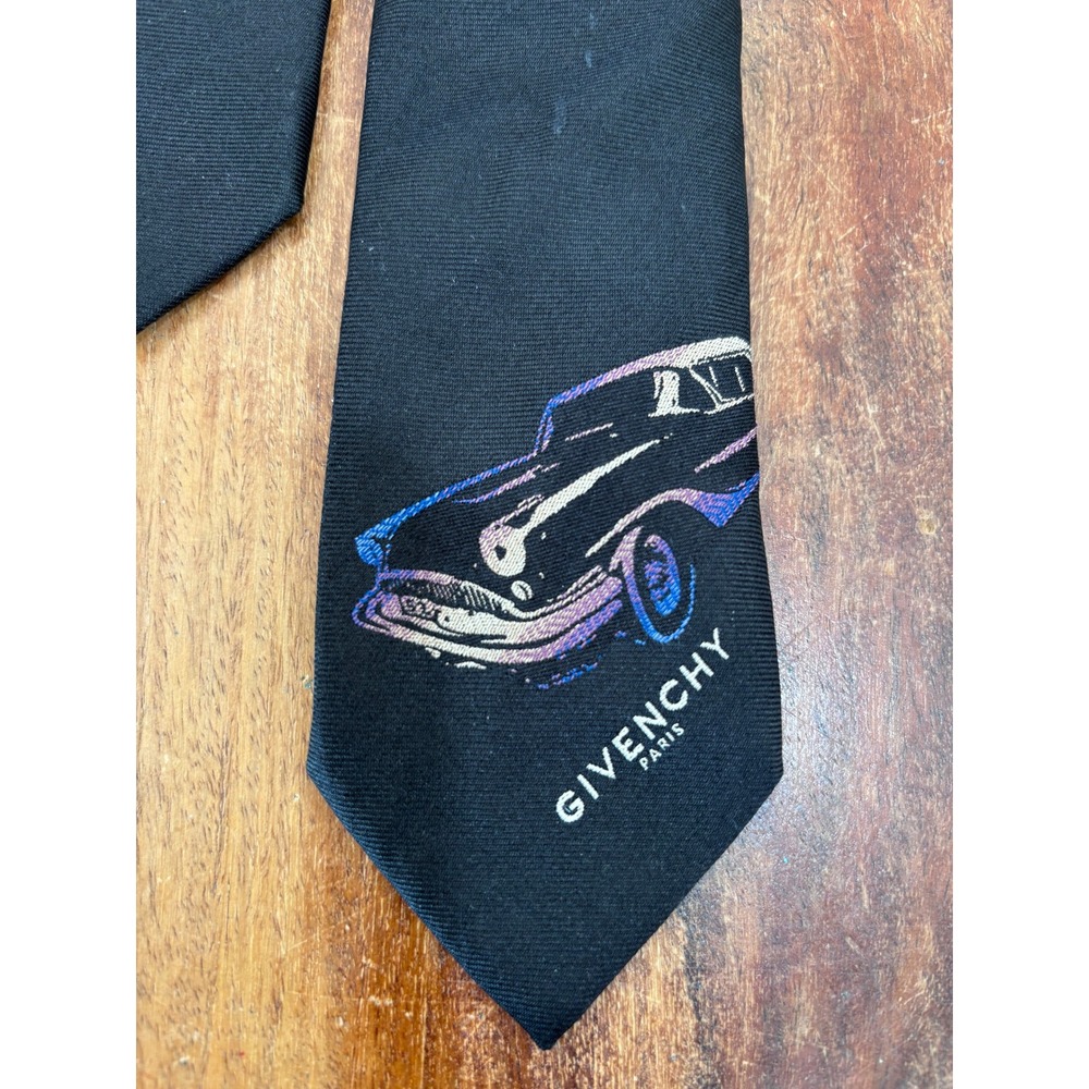 GIVENCHY necktie men black silk skinny vintage car graphic logo made in italy